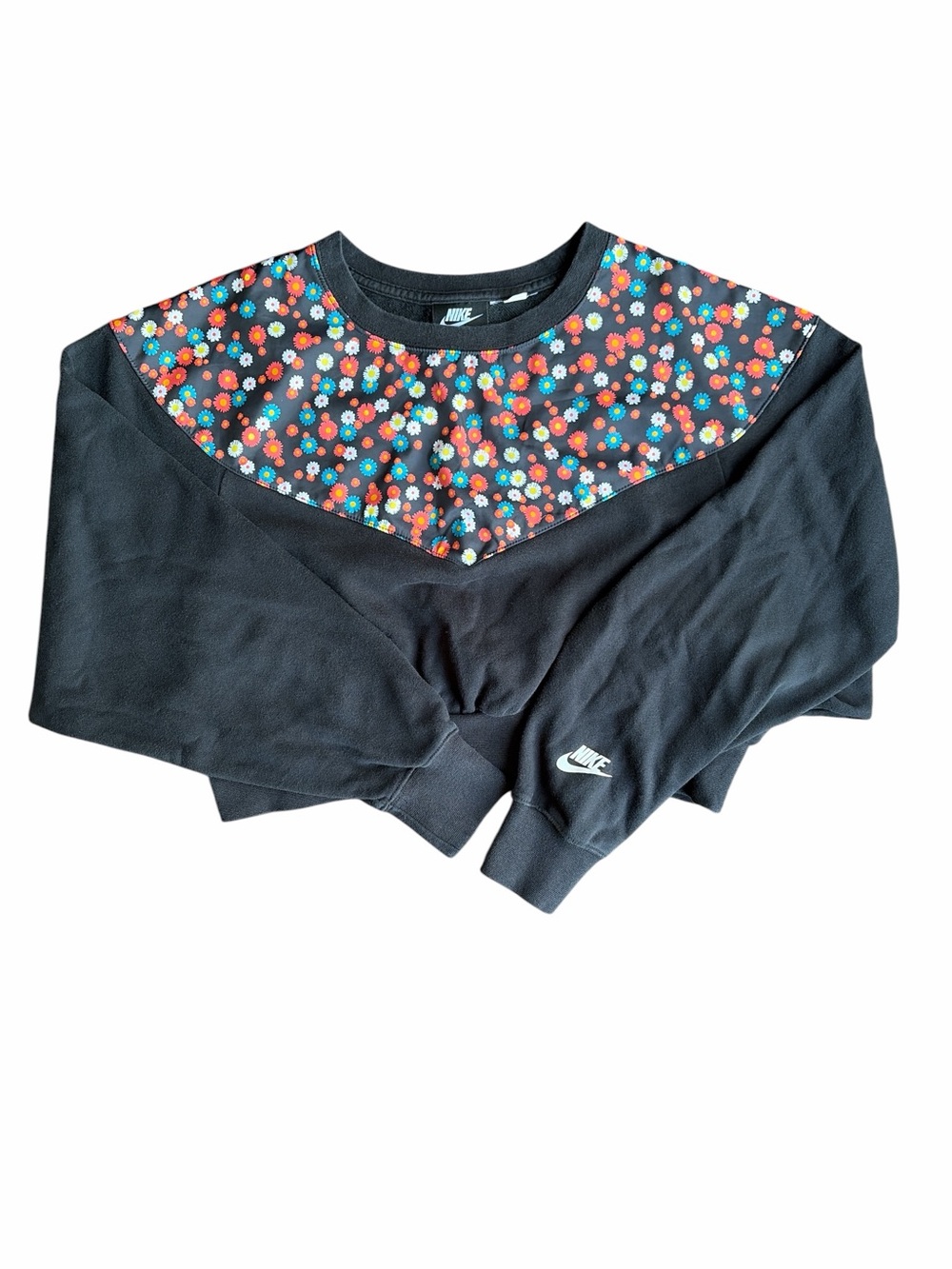 Nike Floral Crop Sweatshirt Small Daisy Print Athleisure Y2K Black Relaxed Fit